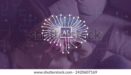 Image of ai chat data processing over caucasian woman using tablet. Global artificial intelligence, computing, digital interface and data processing concept digitally generated image.