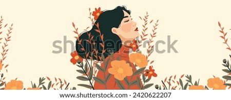 Vector illustration March 8, girl in flowers International Women's Day place for text. Feminism concept, gender equality women's rights Royalty-Free Stock Photo #2420622207