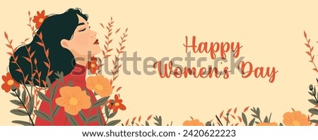 Vector spring holiday banner March 8, girl in flowers with text International Women's Day. Feminism concept, women empowerment, gender equality Royalty-Free Stock Photo #2420622223