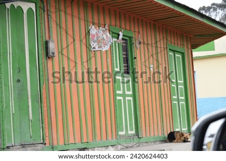 facade of a house in Colombia with beautiful green and orange colors, it has Christmas decorations and outside the house's dog waiting for the door to open
