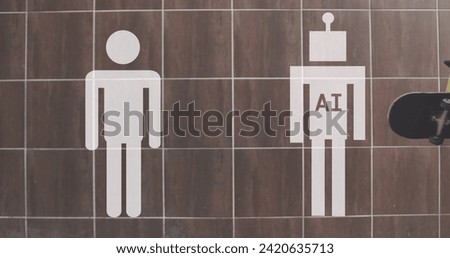 Restroom signs depict a human and an AI figure on a tiled wall. Symbols represent the integration of technology in everyday spaces.