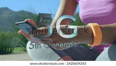 Image of 5g 5th generation text with globe spinning over woman using smartphone. digital interface global connection and communication concept digitally generated image.