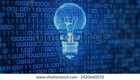 Image of light bulb, binary coding and data processing. Global cloud computing, digital interface and data processing concept digitally generated image.