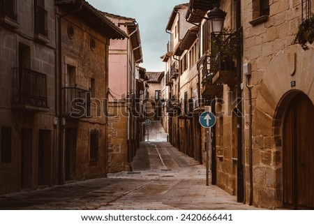 Narrow one-way street with traffic sign straight ahead in the small town of Elciego in the Basque Country in Spain