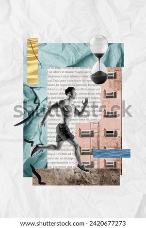 Vertical collage illustration from magazine about successful sportsman marathon runner in city with sandclock isolated on white background
