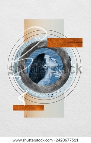 Vertical collage picture of charming tender girl inside water circle hand touch neck skin isolated on creative background