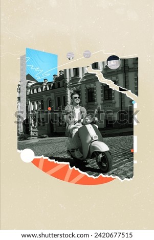 Artwork magazine collage picture of happy smiling guy riding moped old city town isolated beige color background