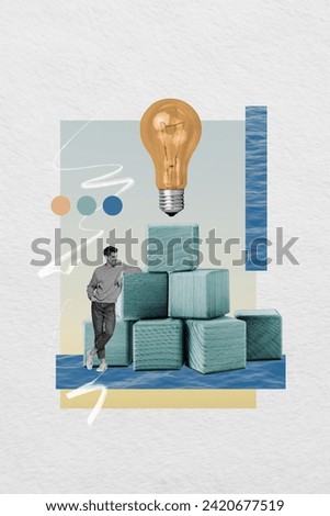 Vertical collage picture of positive minded mini black white colors guy big pile stack wooden cubes light bulb isolated on paper background