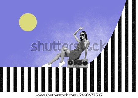 Creative retro 3d magazine collage image of cool funky lady showing v-sign listening boom box music isolated striped violet color background