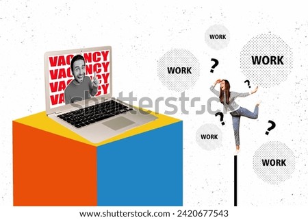 Abstract collage photo of excited woman searching for job look at man in laptop screen offer online work isolated creative background