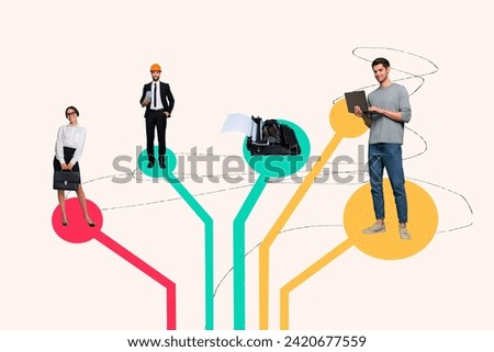 Collage of different profession successful business people hold briefcase construction plan use laptop typing machine isolated on beige background