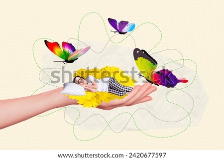 Artwork magazine collage picture of arm holding sleeping flowers lady isolated beige color background