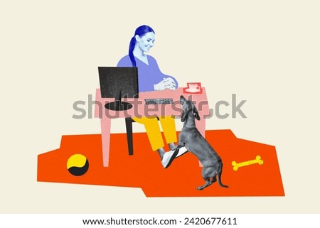 Photo collage picture young girl sit home remote freelancer worker computer desk indoors comfort workspace playful dog white background