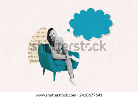 Creative photo illustration sitting young woman think imagination dreaming hmm guess comfy armchair excited interested minded