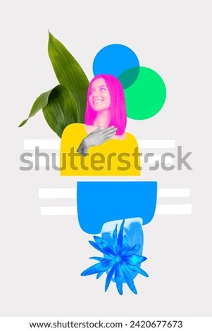 Vertical creative collage picture young woman feel comfort happy green fresh plant leaf retreat lightness lifestyle flora
