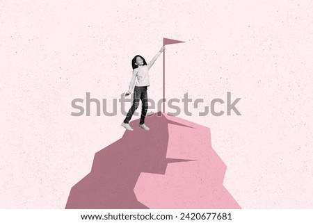 Photo cartoon comics sketch collage picture of happy smiling kid rising top achieving success isolated pink color background
