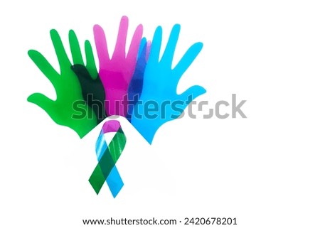 Rare Disease Day Background. Colorful hands and ribbon on white background Royalty-Free Stock Photo #2420678201