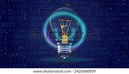 Image of light bulb, neon circle and binary coding data processing. Global cloud computing, digital interface and data processing concept digitally generated image.