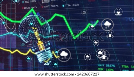 Image of light bulb, cloud icons and data processing. Global electricity, cloud computing, digital interface and data processing concept digitally generated image.