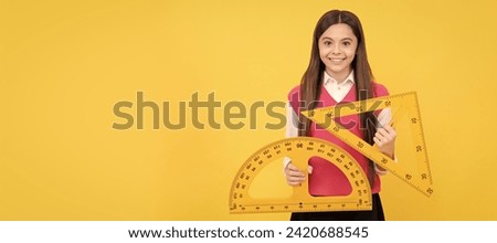 cheerful teen girl study math with protractor and triangle measuring size, back to school. Banner of school girl student. Schoolgirl pupil portrait with copy space.