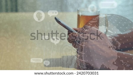 Image of ai data processing and globe over caucasian man using tablet. Global artificial intelligence, digital interface, computing and data processing concept digitally generated image.
