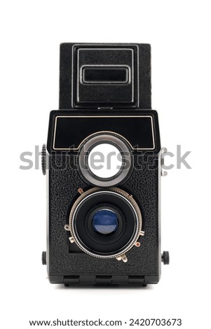 retro camera medium format, dual lens, black, close-up on white background