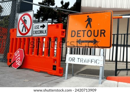 idewalk Closed signs for works. Stop and Detour signs