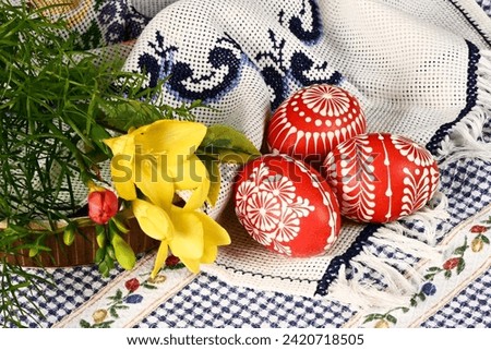 Easter, spring holiday - beautiful colorful Easter eggs - Czech home tradition of decorating with wax,
classic still life