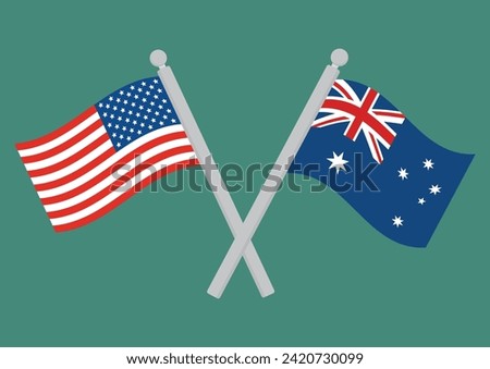 USA vs Australia. Flag of United States of America and Australia on flagpole