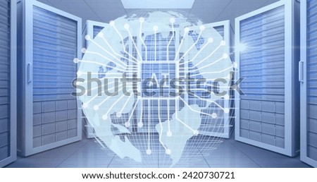 Image of ai data processing over globe connections with ai icons and servers. Global artificial intelligence, computing, digital interface and data processing concept digitally generated image.