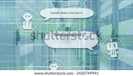 Image of ai text and icon, data processing over computer server. Global artificial intelligence, digital interface, computing and data processing concept digitally generated image.