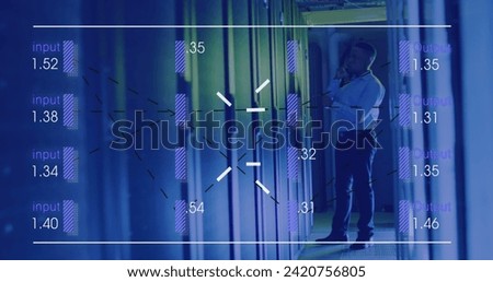 Image of number over african american man working in server room. network, programming, computers and technology concept digitally generated image.