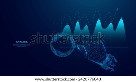 Illustration of the concepts of data analysis, financial analysis and business analysis. Magnifying glass abstract design, growing data in blue low poly style.