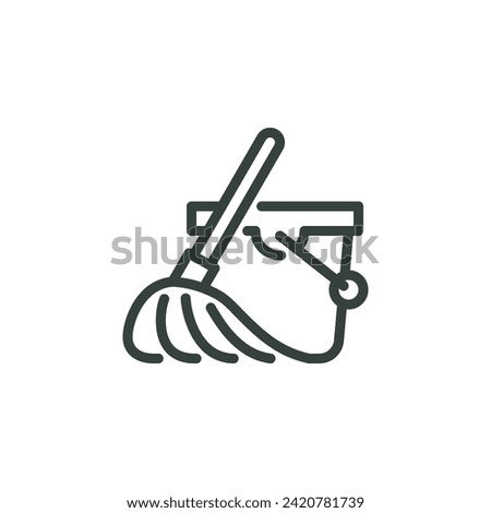 Thin Outline Bucket and Mop. Such Line Sign as Floor Cleaning, Clean, Room cleanup, Housekeeping, Clean Up. Vector Isolated Custom Pictogram for Web and App on White Background Editable Stroke.