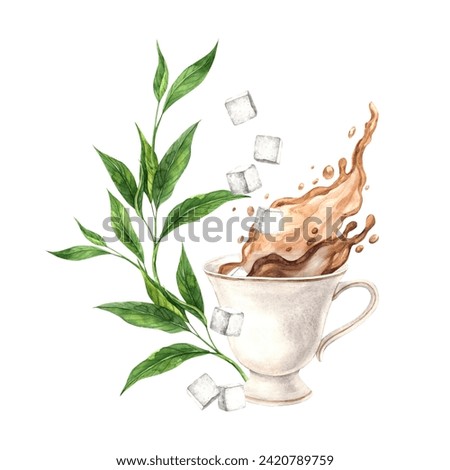 Vintage watercolor cup with tea splashes, sugar cubes and tea leaves The illustration is hand drawn on an isolated background Drawing for menu design, packaging, poster, website, textile, invitations