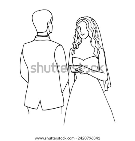 hand drawn illustration of a bride reading her wedding vows to her groom, she smiles. bride and groom at the altar - doodle style drawing Royalty-Free Stock Photo #2420796841