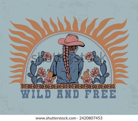 country girl with cactus flower vector design, western cowgirl artwork for t shirt sticker, poster, graphic print, wild and free typography, retro vintage women tee print  Royalty-Free Stock Photo #2420807453