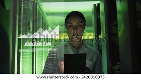 Image of graphs and data over caucasian woman working in server room. network, programming, computers and technology concept digitally generated image.