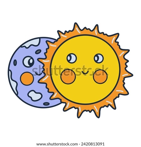 Lunar eclipse, initial phase. Colorful vector isolated illustration hand drawn doodle. Icon or card, clip art with contour. Happy sun and moon