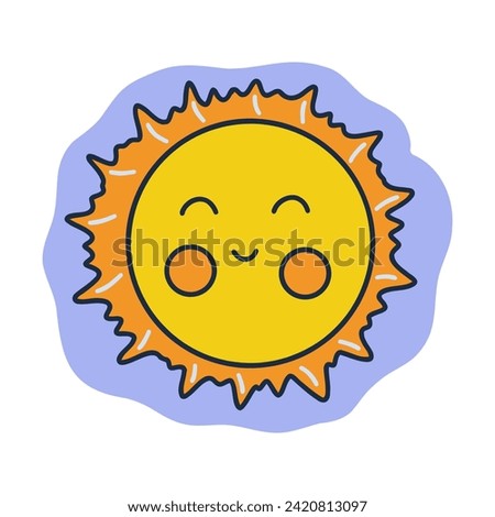 Total lunar eclipse. Or smiling sun in the sky. Colorful vector isolated illustration hand drawn doodle. Icon or card, clip art with contour. Moonlight behind the sun