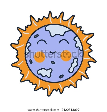 Full solar eclipse. Colorful vector isolated illustration hand drawn doodle. Cute smiling moon. Icon or card, print clip art with contour