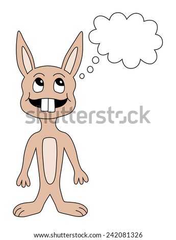 Cartoon of a happy rabbit with a thought bubble drawn in an anthropomorphic style with the rabbit standing on its hind legs. 