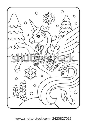 Winter Snow Unicorn coloring page illustration