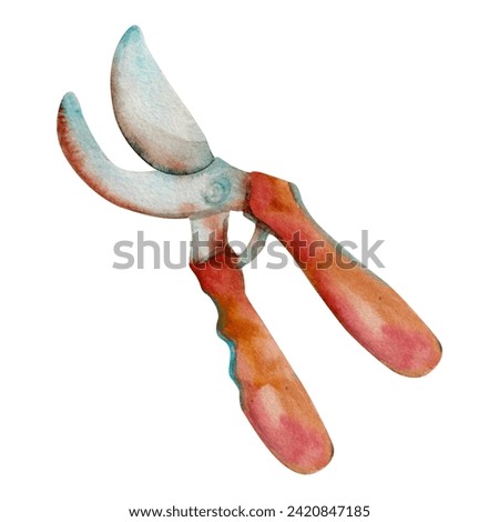 Hand drawn watercolor illustration spring gardening tools, cutting clipping pruning shears scissors secateur. Single object isolated on white background. Design print, shop, scrapbooking, packaging