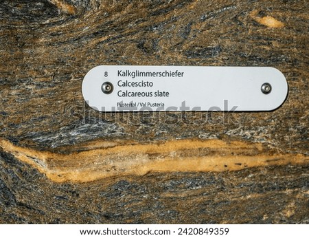 Calcareous slate rock from Pusteria Valley, South Tyrol, northern Italy, Europe. Close up view of sample Royalty-Free Stock Photo #2420849359