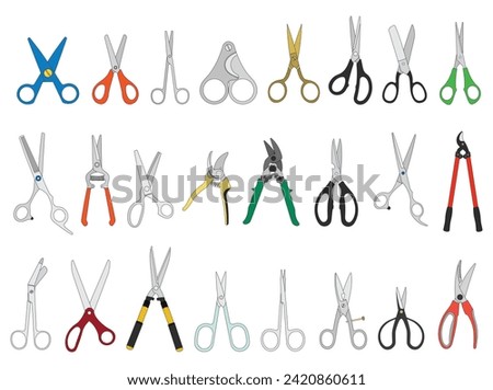 Kids drawing Cartoon Vector illustration set different types scissors Isolated in doodle style