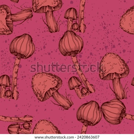 Seamless pattern of mushrooms. Seamless pattern, retro 60s, 70s hippie style fun wallpaper. Vintage meadow, wonderland. Tricky textile, fabric, wrapping, wallpaper, background.