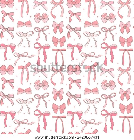 cute coquette aesthetic pattern seamless pink ribbon bow doodle outline isolated on white background	
