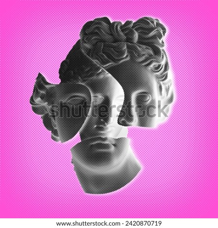 Female plaster statue heads inside broken male one over pink dotted pop art background, contemporary collage. Antiquity and modernity, transgender and diversity concept