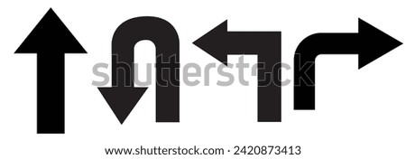 Go Straight This Way One Way Only U Turn Left and Right Black Arrow Sign Direction Icon Set. Vector Image. Royalty-Free Stock Photo #2420873413